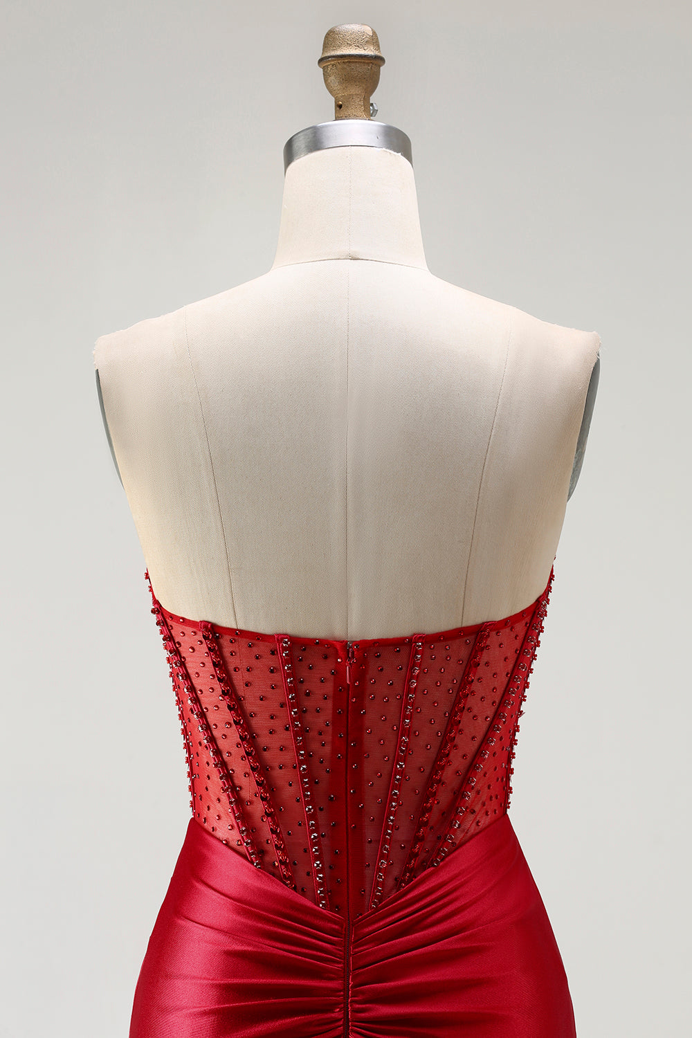 Sparkly Red Satin Mermaid Beaded Long Corset Prom Dress with Slit