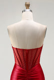 Sparkly Red Satin Mermaid Beaded Long Corset Prom Dress with Slit
