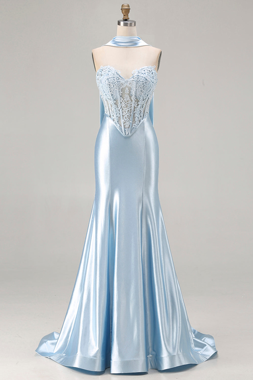 Blue Satin Mermaid Sweetheart Long Corset Prom Dress