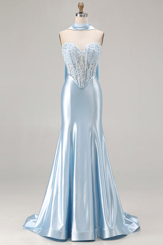 Blue Satin Mermaid Sweetheart Long Corset Prom Dress