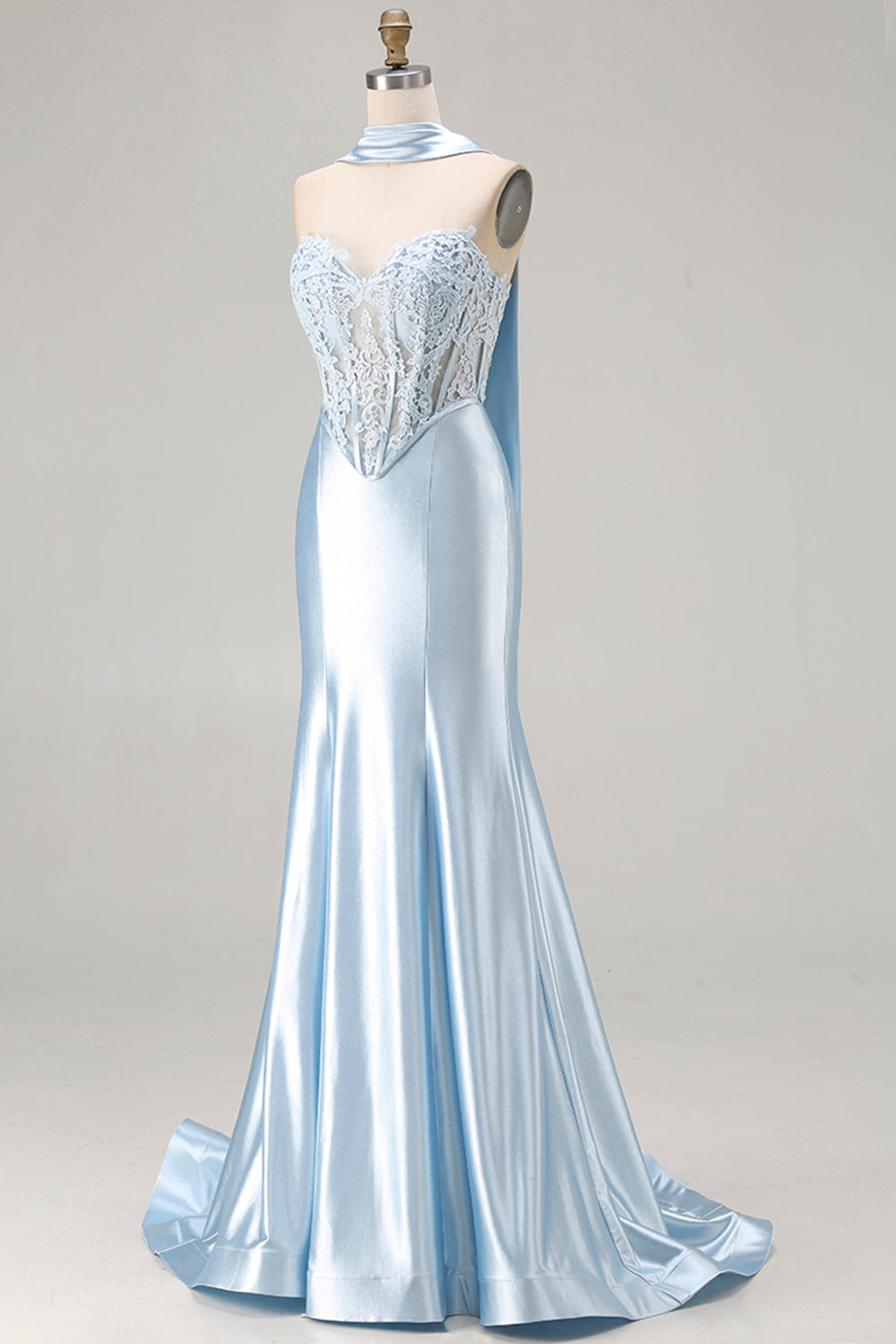 Blue Satin Mermaid Sweetheart Long Corset Prom Dress