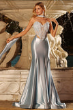 Light Blue Mermaid Lace Sweetheart Long Corset Prom Dress