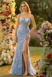 Sparkly Blue Floral Beaded Mermaid Long Corset Prom Dress with Slit