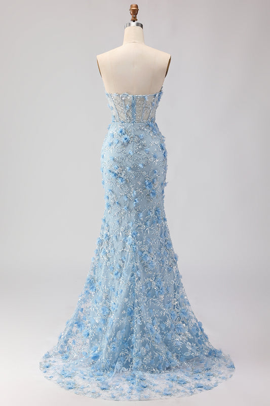 Sparkly Blue Floral Beaded Mermaid Long Corset Prom Dress with Slit