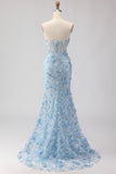 Sparkly Blue Floral Beaded Mermaid Long Corset Prom Dress with Slit