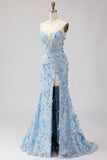 Sparkly Blue Floral Beaded Mermaid Long Corset Prom Dress with Slit