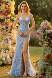 Sparkly Floral Blue Mermaid Beaded Long Corset Prom Dress with Slit