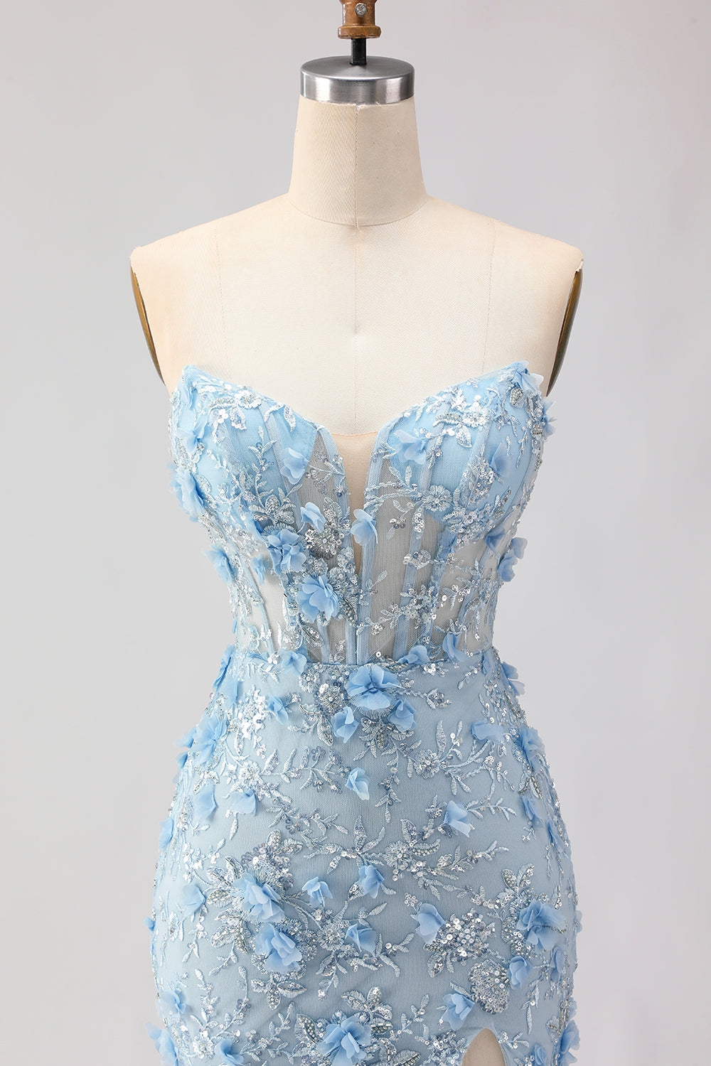 Sparkly Blue Floral Beaded Mermaid Long Corset Prom Dress with Slit