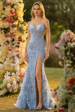 Sparkly Floral Blue Mermaid Beaded Long Corset Prom Dress with Slit