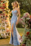 Sparkly Floral Blue Mermaid Beaded Long Corset Prom Dress with Slit