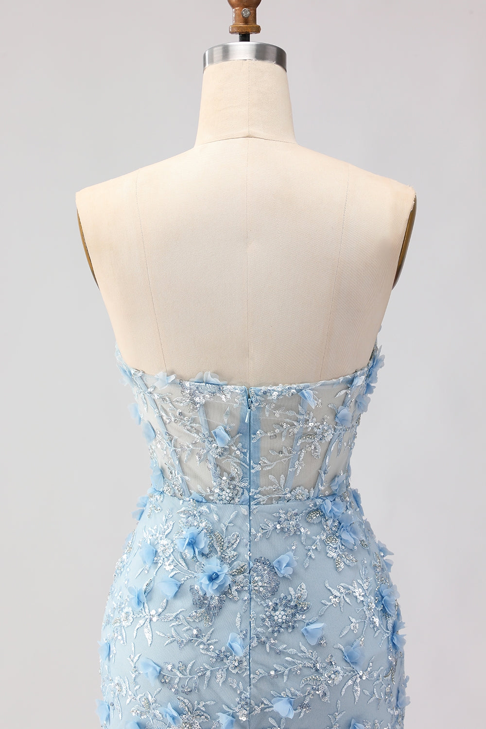 Sparkly Blue Floral Beaded Mermaid Long Corset Prom Dress with Slit