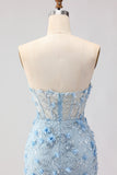 Sparkly Blue Floral Beaded Mermaid Long Corset Prom Dress with Slit