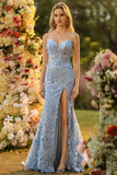 Sparkly Floral Blue Mermaid Beaded Long Corset Prom Dress with Slit