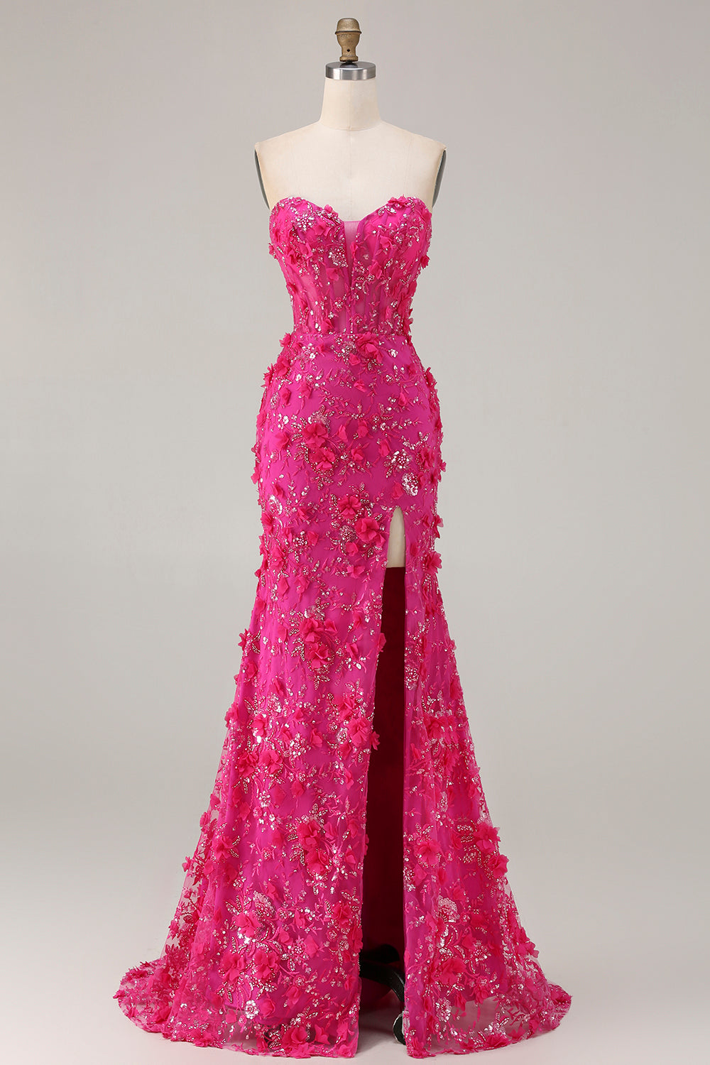 Sparkly Floral Fuchsia Beaded Mermaid Long Corset Prom Dress with Slit