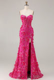 Sparkly Floral Fuchsia Beaded Mermaid Long Corset Prom Dress with Slit