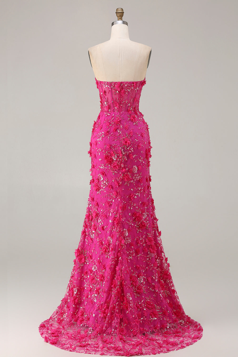 Sparkly Floral Fuchsia Beaded Mermaid Long Corset Prom Dress with Slit