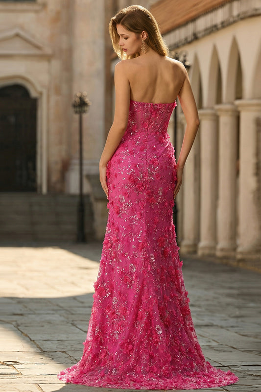 Sparkly Floral Fuchsia Mermaid Beaded Long Corset Prom Dress with Slit