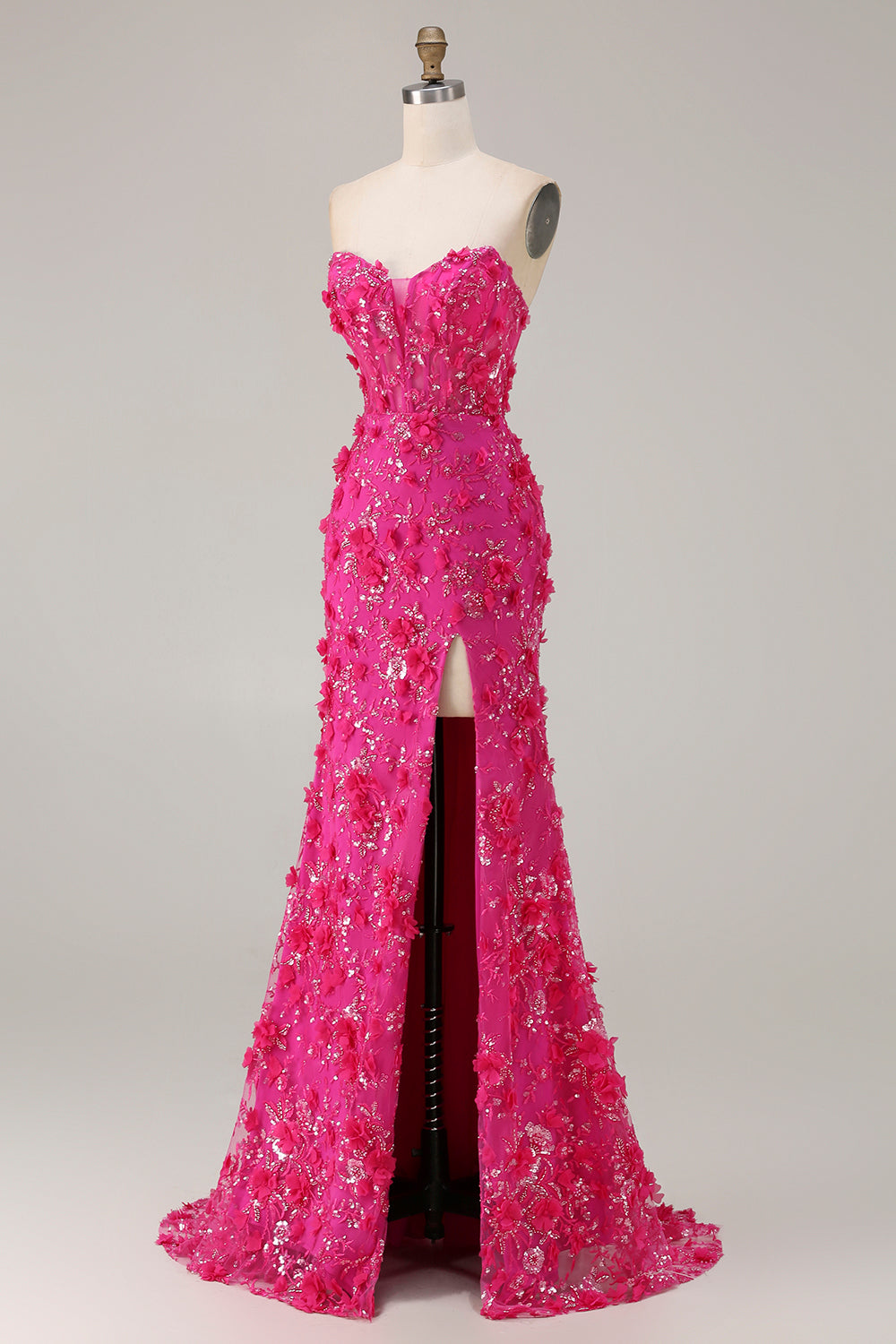 Sparkly Floral Fuchsia Beaded Mermaid Long Corset Prom Dress with Slit