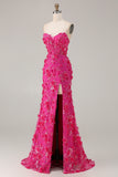 Sparkly Floral Fuchsia Beaded Mermaid Long Corset Prom Dress with Slit