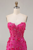 Sparkly Floral Fuchsia Beaded Mermaid Long Corset Prom Dress with Slit