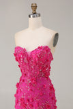 Sparkly Floral Fuchsia Beaded Mermaid Long Corset Prom Dress with Slit