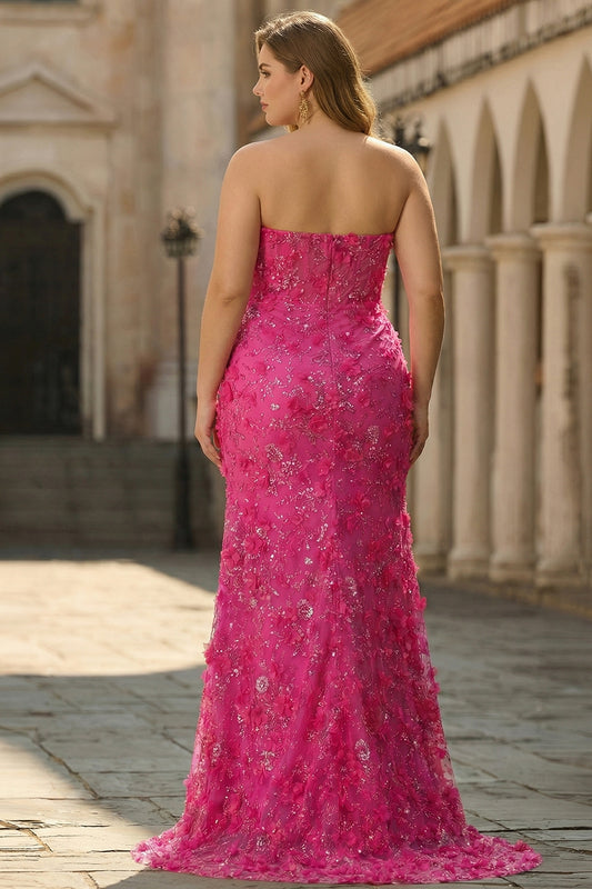 Sparkly Floral Fuchsia Mermaid Beaded Long Corset Prom Dress with Slit
