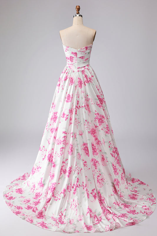 White and Fuchsia Floral Sweetheart A Line Long Prom Dress with Lace Top