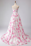 White and Fuchsia Floral Sweetheart A Line Long Prom Dress with Lace Top