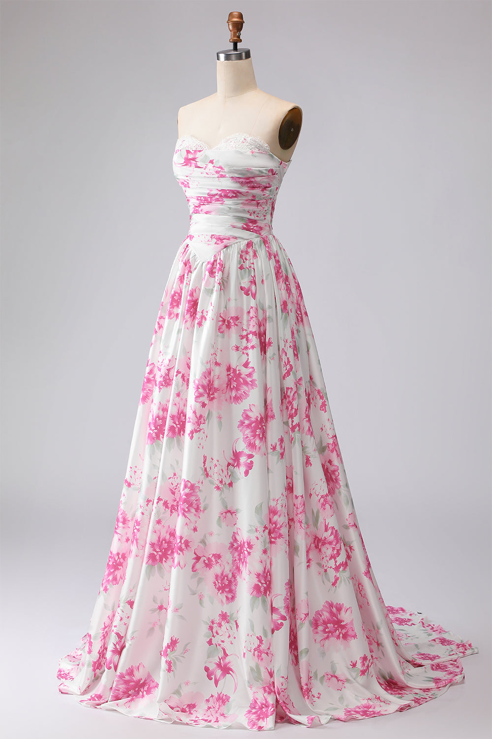 White and Fuchsia Floral Sweetheart A Line Long Prom Dress with Lace Top