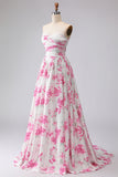White and Fuchsia Floral Sweetheart A Line Long Prom Dress with Lace Top