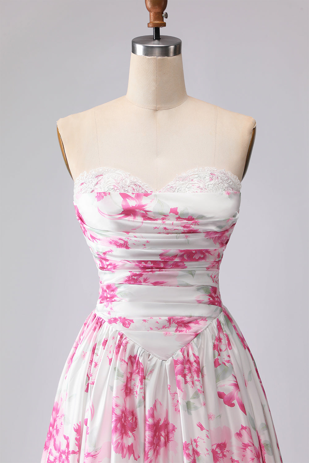White and Fuchsia Floral Sweetheart A Line Long Prom Dress with Lace Top