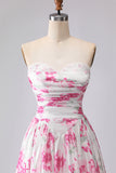 White and Fuchsia Floral Sweetheart A Line Long Prom Dress with Lace Top