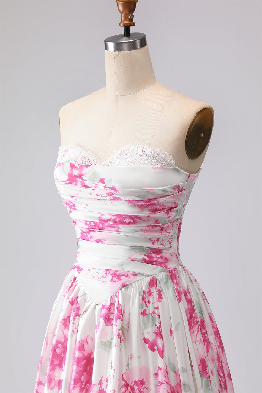 White and Fuchsia Floral Sweetheart A Line Long Prom Dress with Lace Top