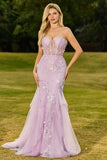 Floral Purple Mermaid Lace Tulle Strapless Long Corset Prom Dress