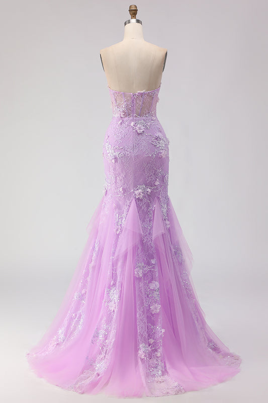 Floral Purple Mermaid Lace Tulle Strapless Long Corset Prom Dress