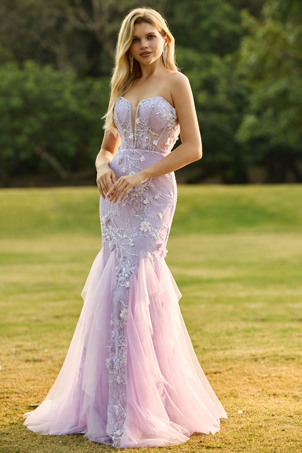 Yellow Floral Mermaid Lace Strapless Long Corset Prom Dress