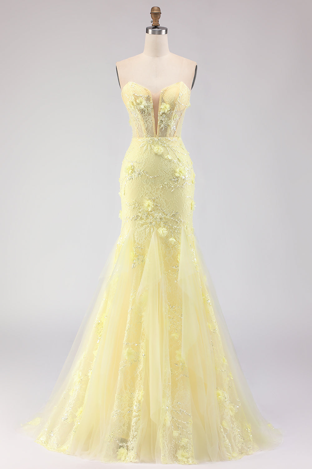 Floral Yellow Mermaid Tulle Strapless Long Corset Prom Dress with Lace