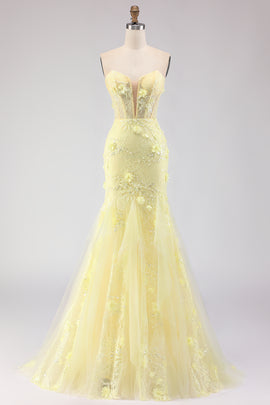 Floral Yellow Mermaid Tulle Strapless Long Corset Prom Dress with Lace