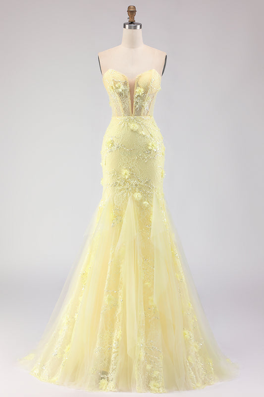 Floral Yellow Mermaid Tulle Strapless Long Corset Prom Dress with Lace
