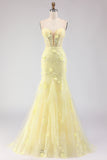 Floral Yellow Mermaid Tulle Strapless Long Corset Prom Dress with Lace