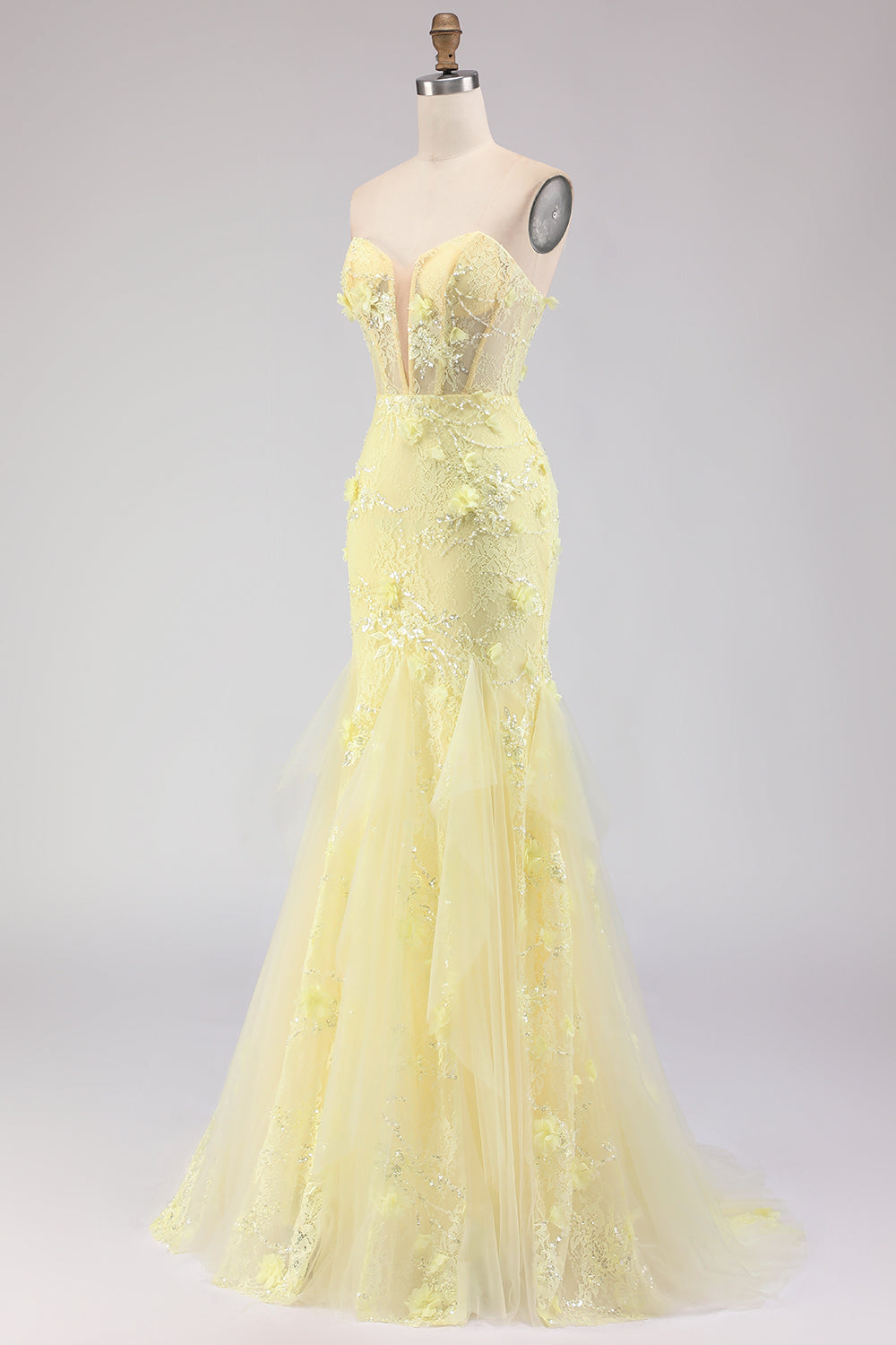 Floral Yellow Mermaid Tulle Strapless Long Corset Prom Dress with Lace