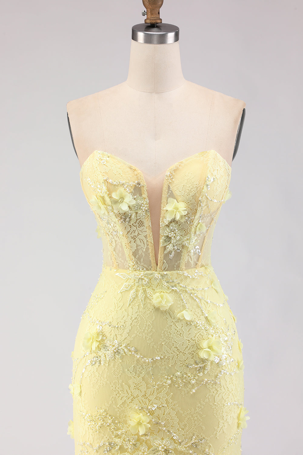 Floral Yellow Mermaid Tulle Strapless Long Corset Prom Dress with Lace
