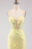 Floral Yellow Mermaid Tulle Strapless Long Corset Prom Dress with Lace