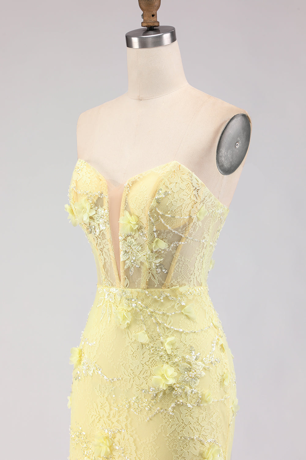Floral Yellow Mermaid Tulle Strapless Long Corset Prom Dress with Lace