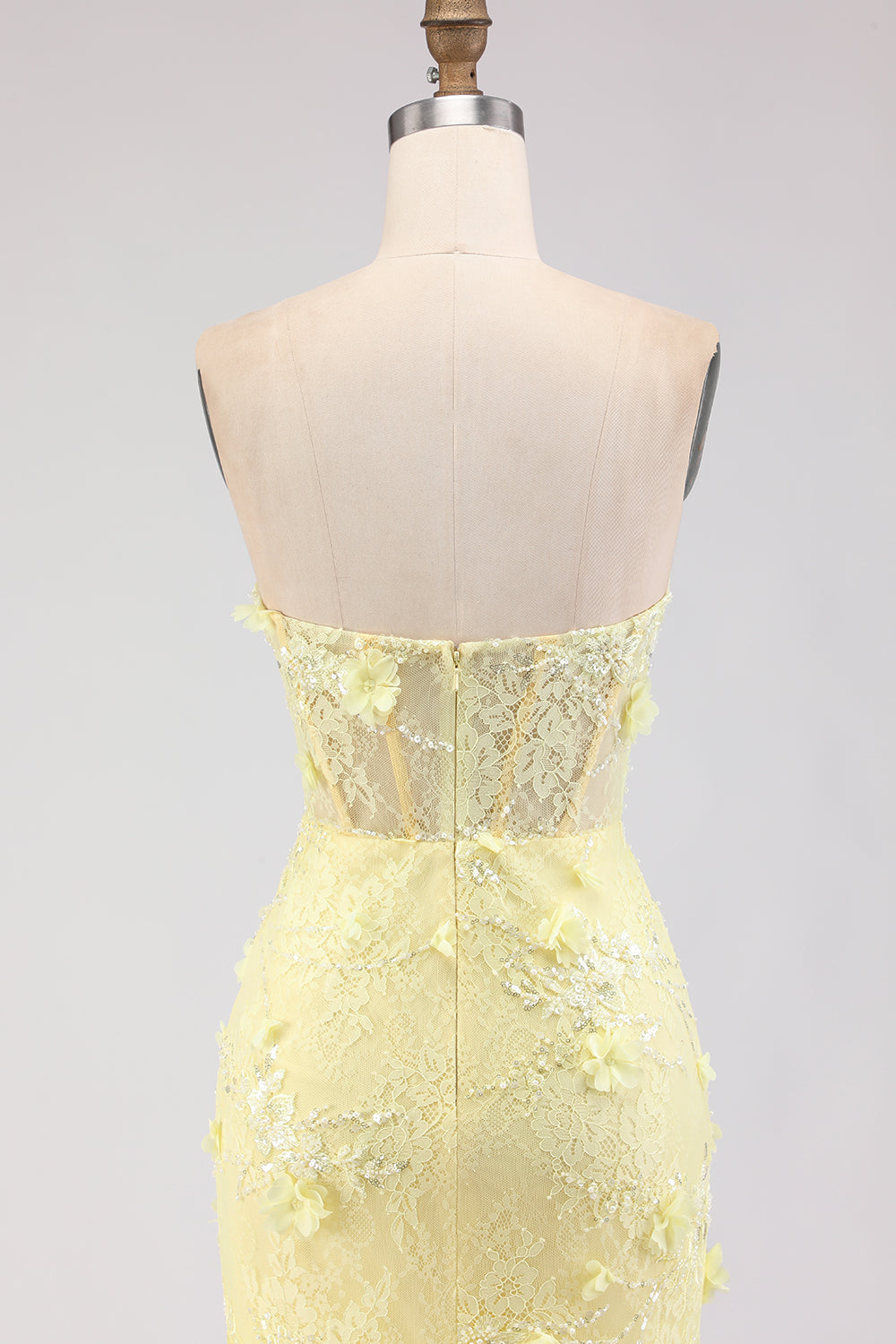 Floral Yellow Mermaid Tulle Strapless Long Corset Prom Dress with Lace