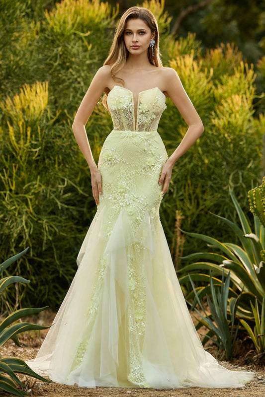 Yellow Floral Mermaid Lace Strapless Long Corset Prom Dress