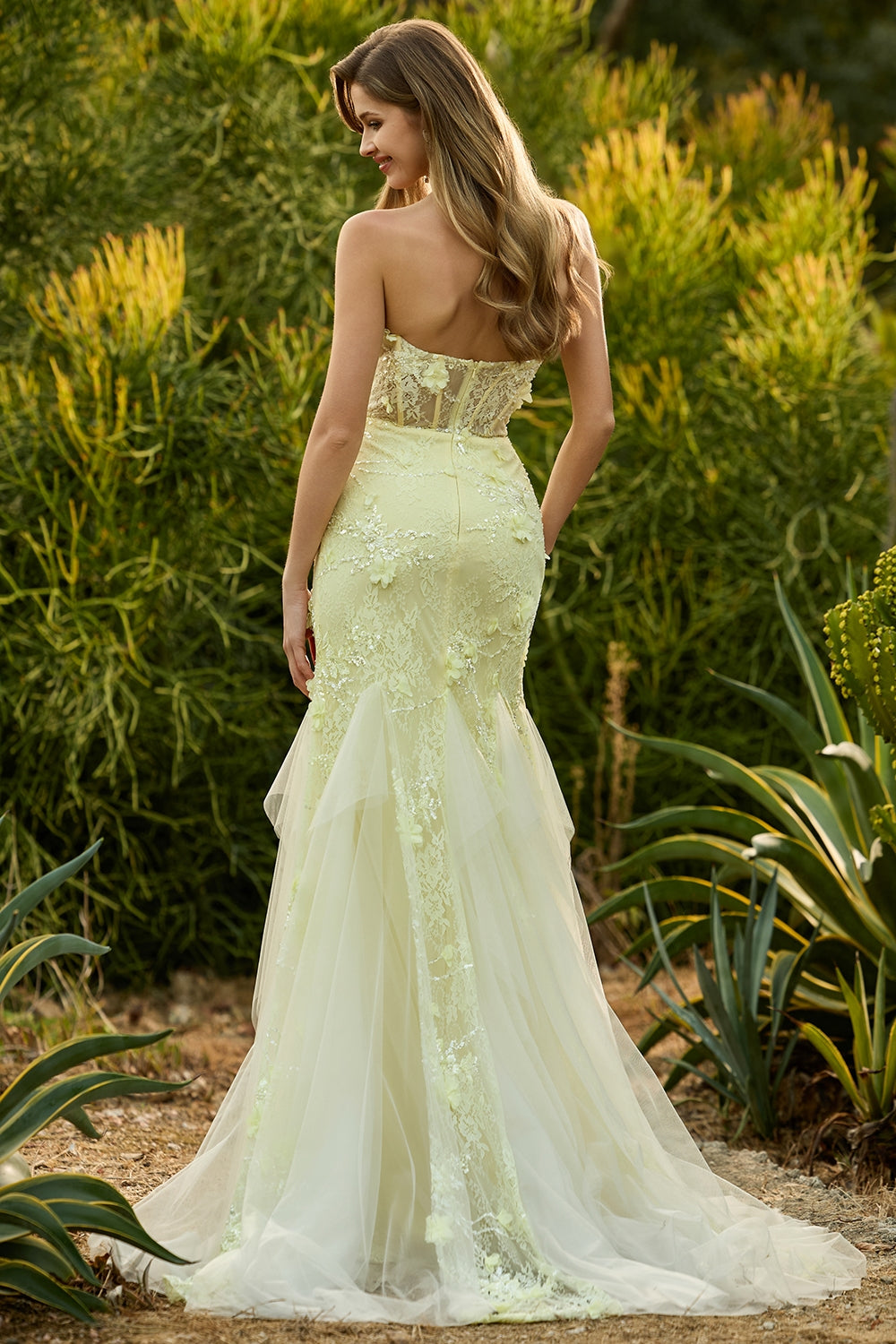 Yellow Floral Mermaid Lace Strapless Long Corset Prom Dress