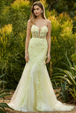 Yellow Floral Mermaid Lace Strapless Long Corset Prom Dress