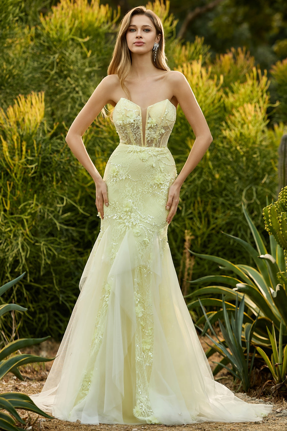 yellow flower prom dress Romantic Spaghetti Straps Yellow Floral Lace Slit Prom Dress