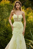 Yellow Floral Mermaid Lace Strapless Long Corset Prom Dress